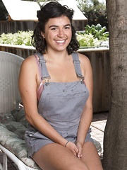Serai takes off overalls outdoors and gets naked